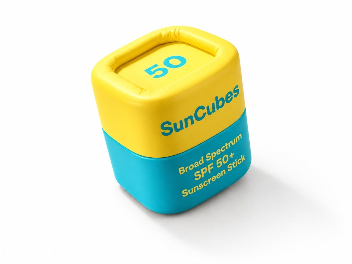 A single SunCubes SPF 50+ sunscreen cube on a desk.