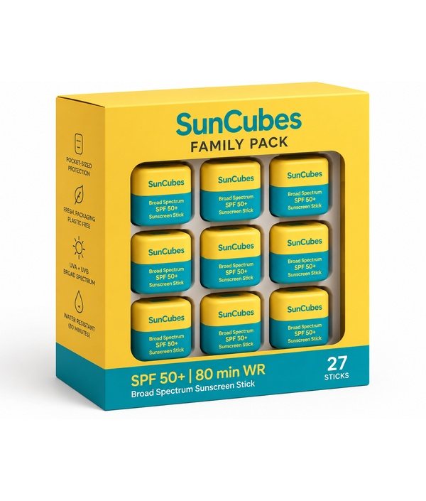 SunCubes Family Pack box holding a grid of individual SPF 50+ sunscreen cubes, 27 cubes total.